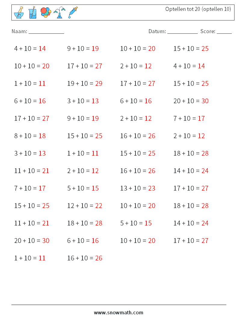 (50) Optellen tot 20 (optellen 10) Wiskundige werkbladen 5 Vraag, Antwoord