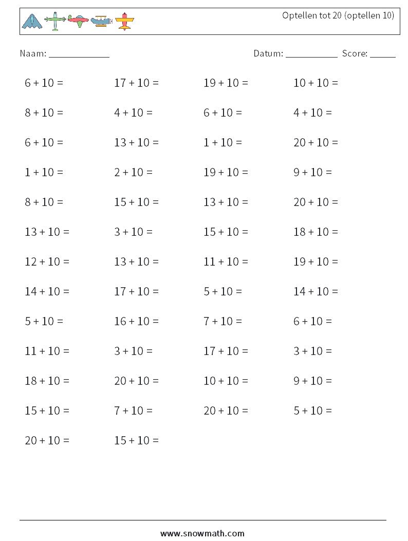(50) Optellen tot 20 (optellen 10) Wiskundige werkbladen 6