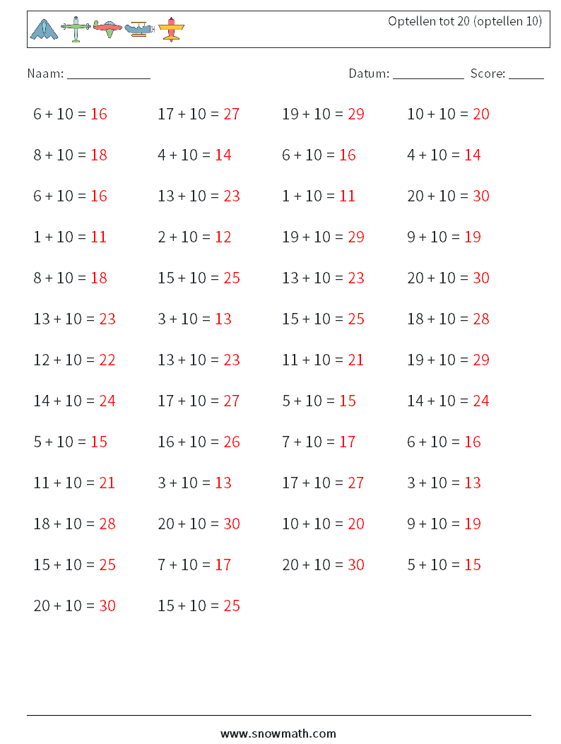 (50) Optellen tot 20 (optellen 10) Wiskundige werkbladen 6 Vraag, Antwoord