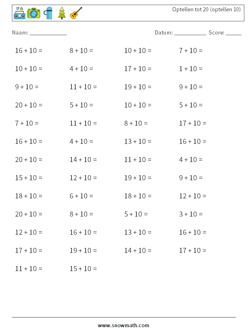 (50) Optellen tot 20 (optellen 10) Wiskundige werkbladen 7