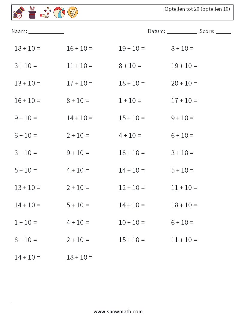 (50) Optellen tot 20 (optellen 10) Wiskundige werkbladen 8