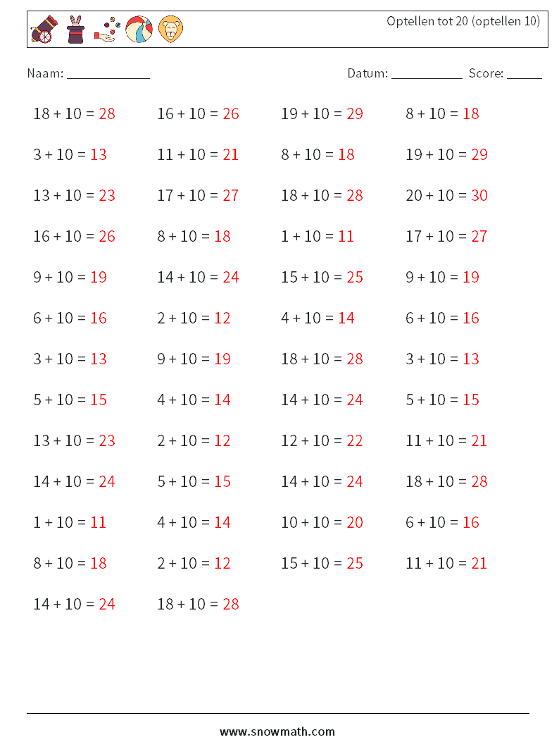 (50) Optellen tot 20 (optellen 10) Wiskundige werkbladen 8 Vraag, Antwoord