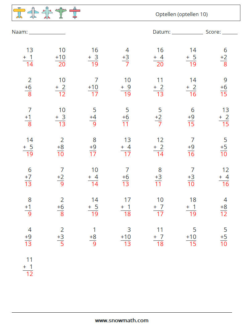 (50) Optellen (optellen 10) Wiskundige werkbladen 10 Vraag, Antwoord