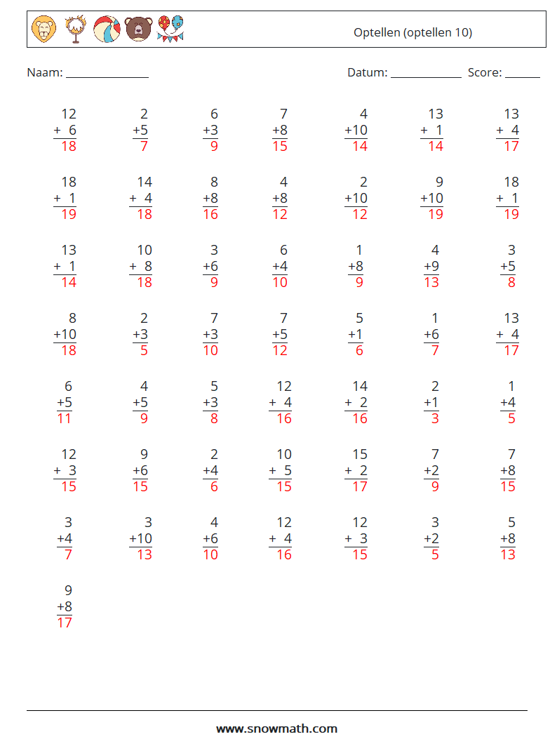 (50) Optellen (optellen 10) Wiskundige werkbladen 13 Vraag, Antwoord