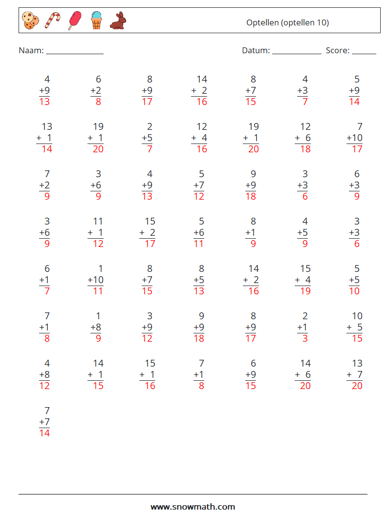 (50) Optellen (optellen 10) Wiskundige werkbladen 14 Vraag, Antwoord