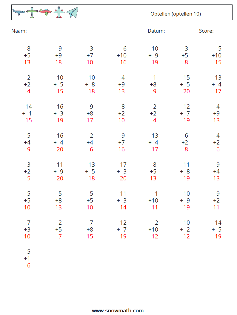 (50) Optellen (optellen 10) Wiskundige werkbladen 15 Vraag, Antwoord