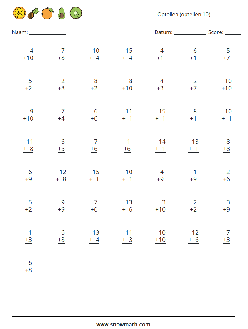(50) Optellen (optellen 10) Wiskundige werkbladen 17