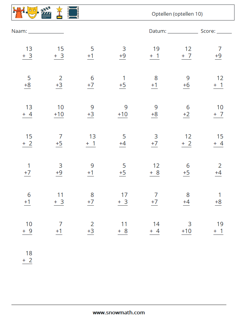 (50) Optellen (optellen 10) Wiskundige werkbladen 18