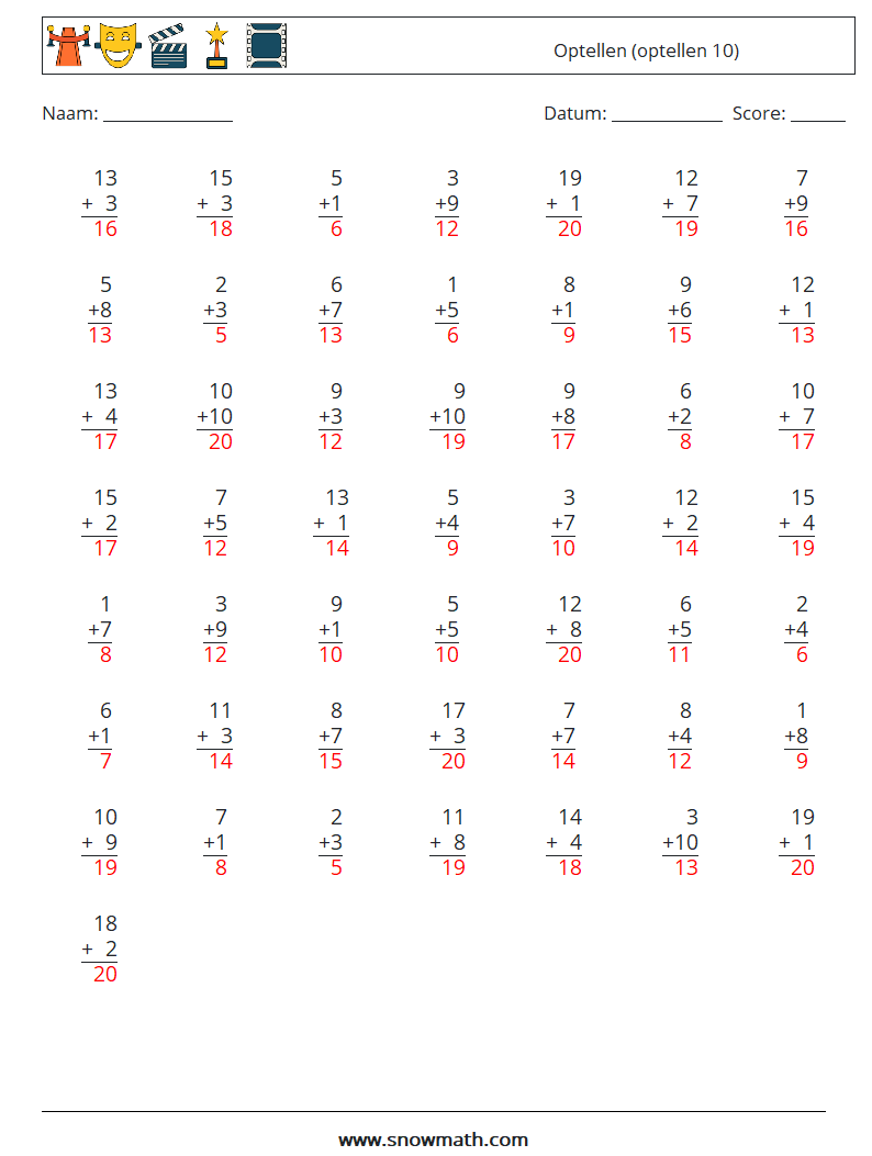 (50) Optellen (optellen 10) Wiskundige werkbladen 18 Vraag, Antwoord