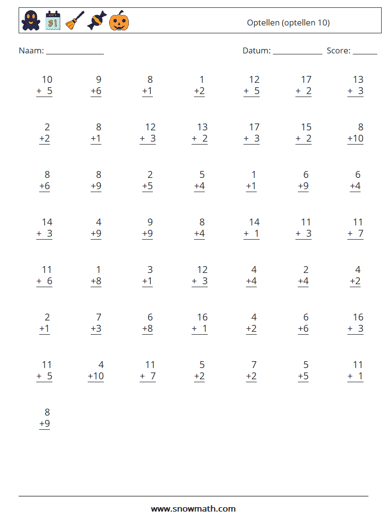 (50) Optellen (optellen 10) Wiskundige werkbladen 3