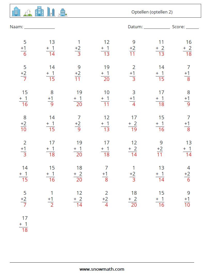 (50) Optellen (optellen 2) Wiskundige werkbladen 14 Vraag, Antwoord