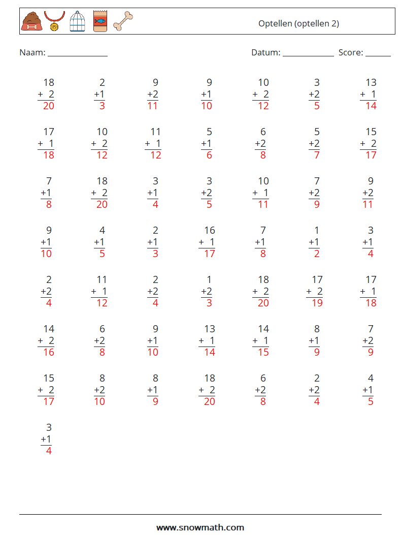 (50) Optellen (optellen 2) Wiskundige werkbladen 15 Vraag, Antwoord