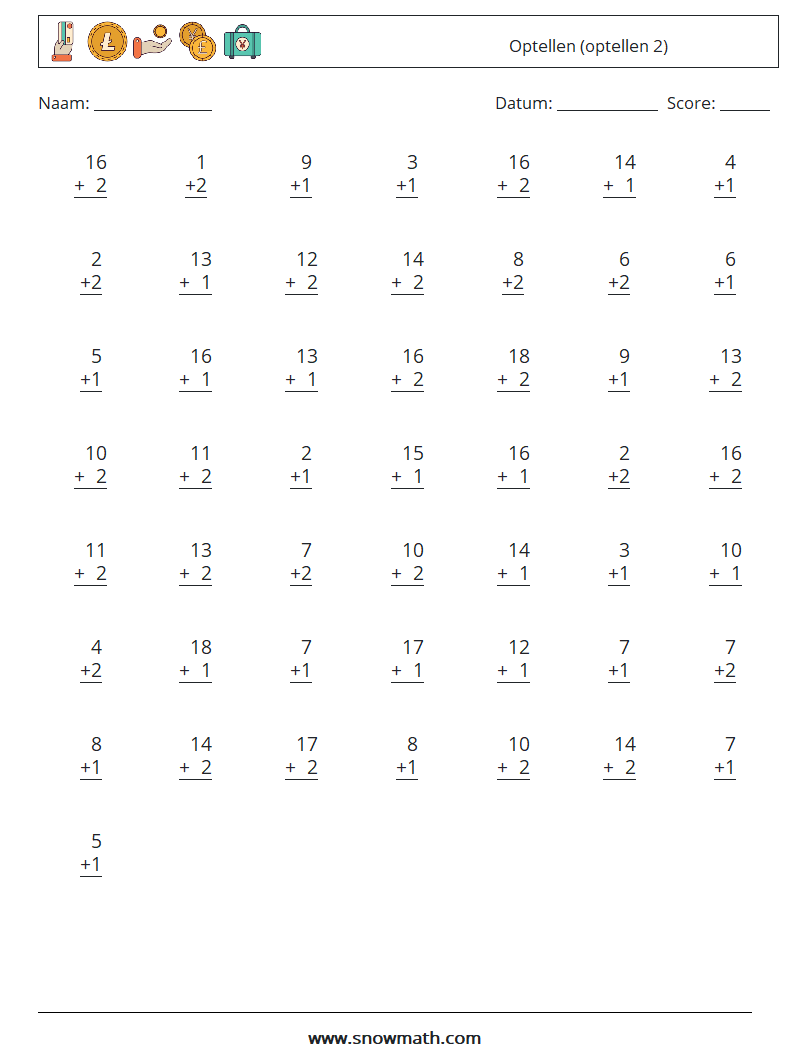 (50) Optellen (optellen 2) Wiskundige werkbladen 3