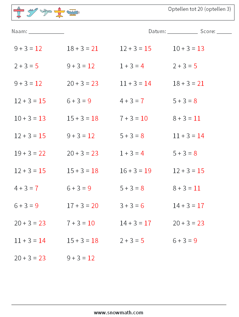 (50) Optellen tot 20 (optellen 3) Wiskundige werkbladen 1 Vraag, Antwoord