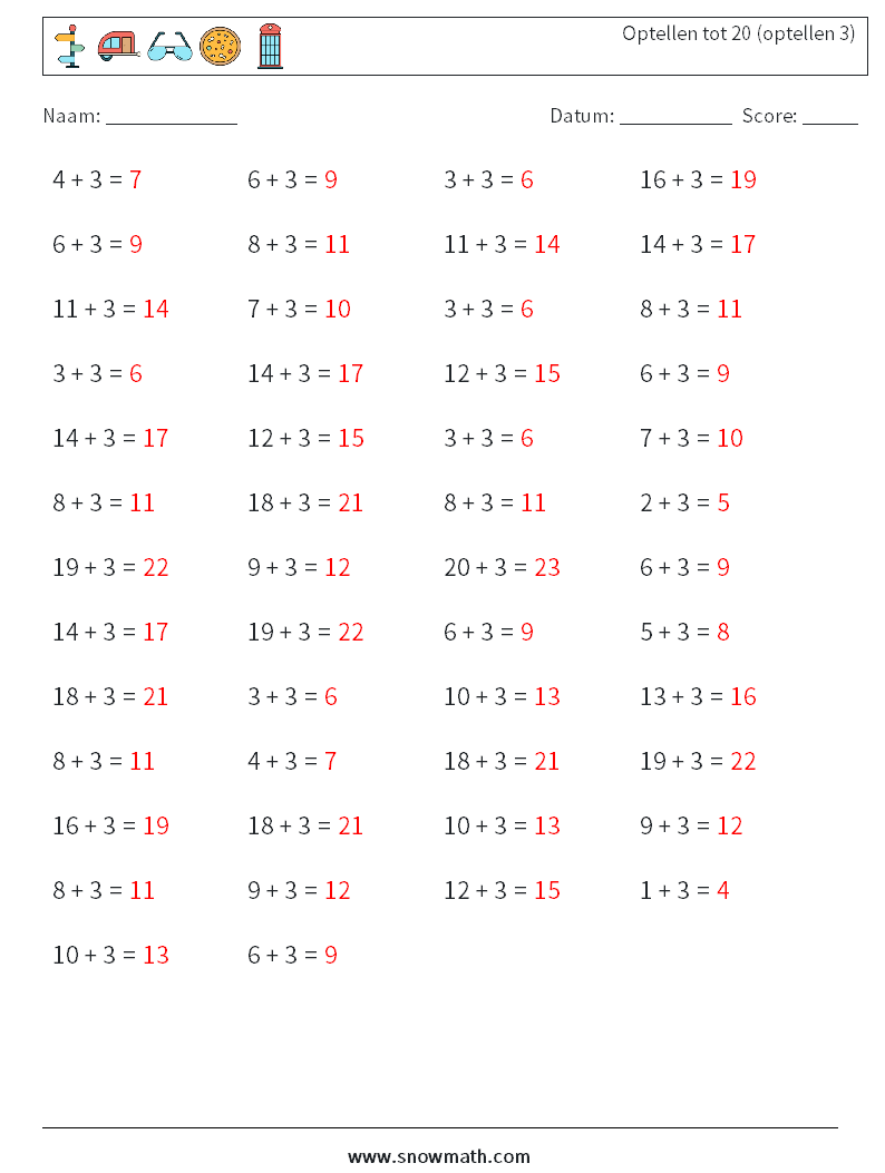 (50) Optellen tot 20 (optellen 3) Wiskundige werkbladen 3 Vraag, Antwoord