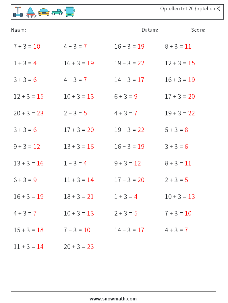 (50) Optellen tot 20 (optellen 3) Wiskundige werkbladen 5 Vraag, Antwoord