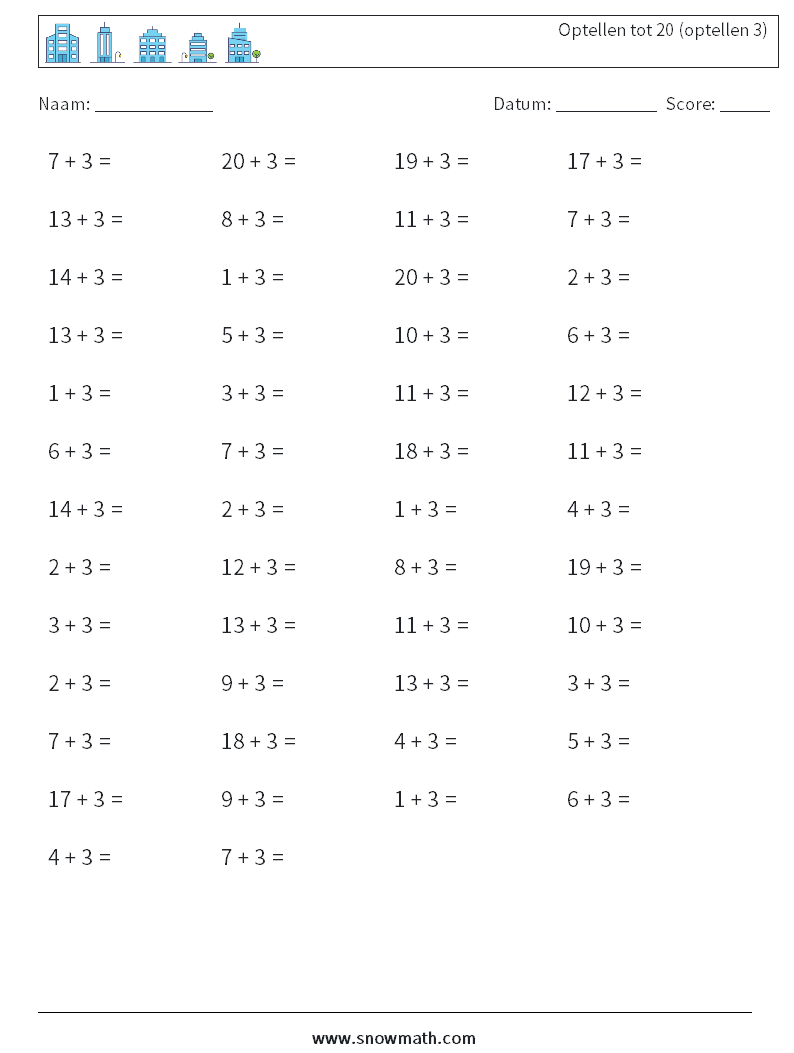 (50) Optellen tot 20 (optellen 3) Wiskundige werkbladen 7