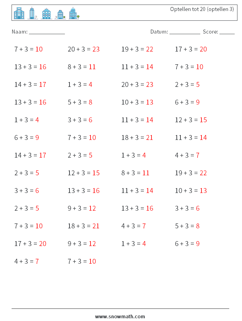 (50) Optellen tot 20 (optellen 3) Wiskundige werkbladen 7 Vraag, Antwoord