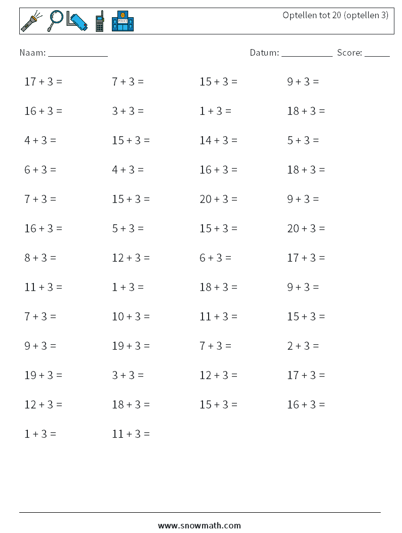 (50) Optellen tot 20 (optellen 3) Wiskundige werkbladen 8