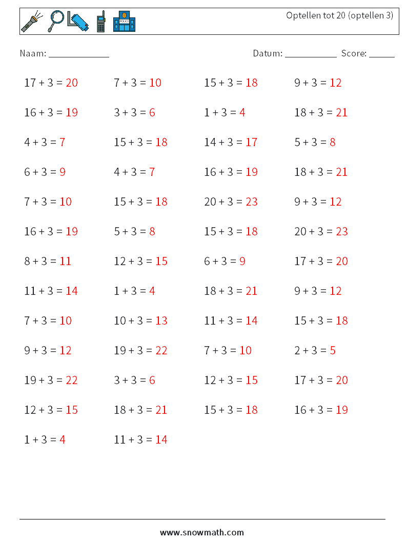 (50) Optellen tot 20 (optellen 3) Wiskundige werkbladen 8 Vraag, Antwoord
