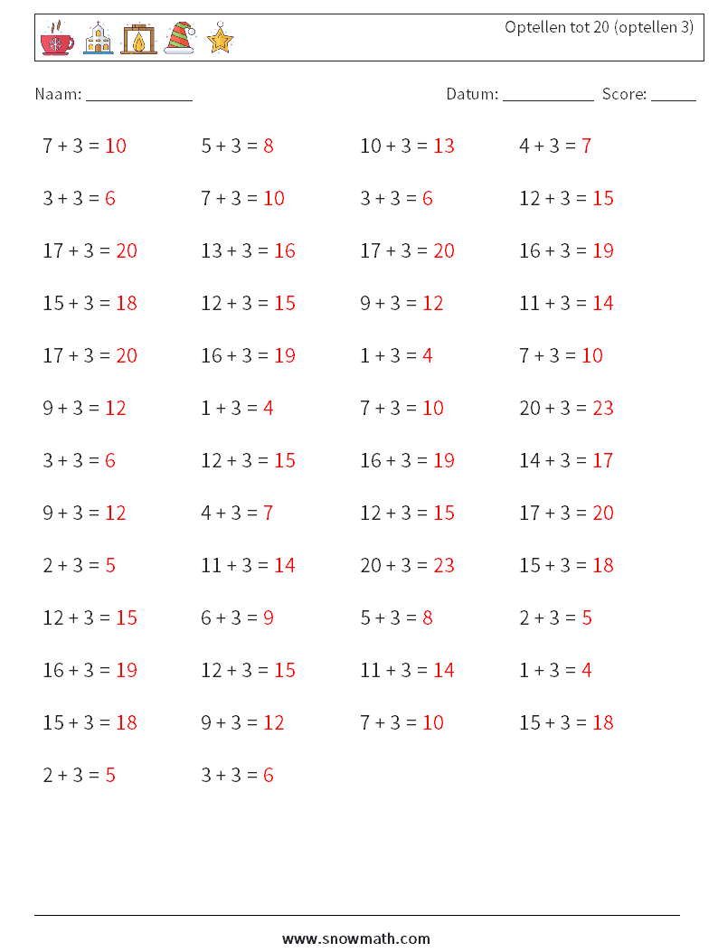 (50) Optellen tot 20 (optellen 3) Wiskundige werkbladen 9 Vraag, Antwoord