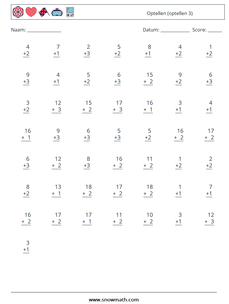 (50) Optellen (optellen 3) Wiskundige werkbladen 10