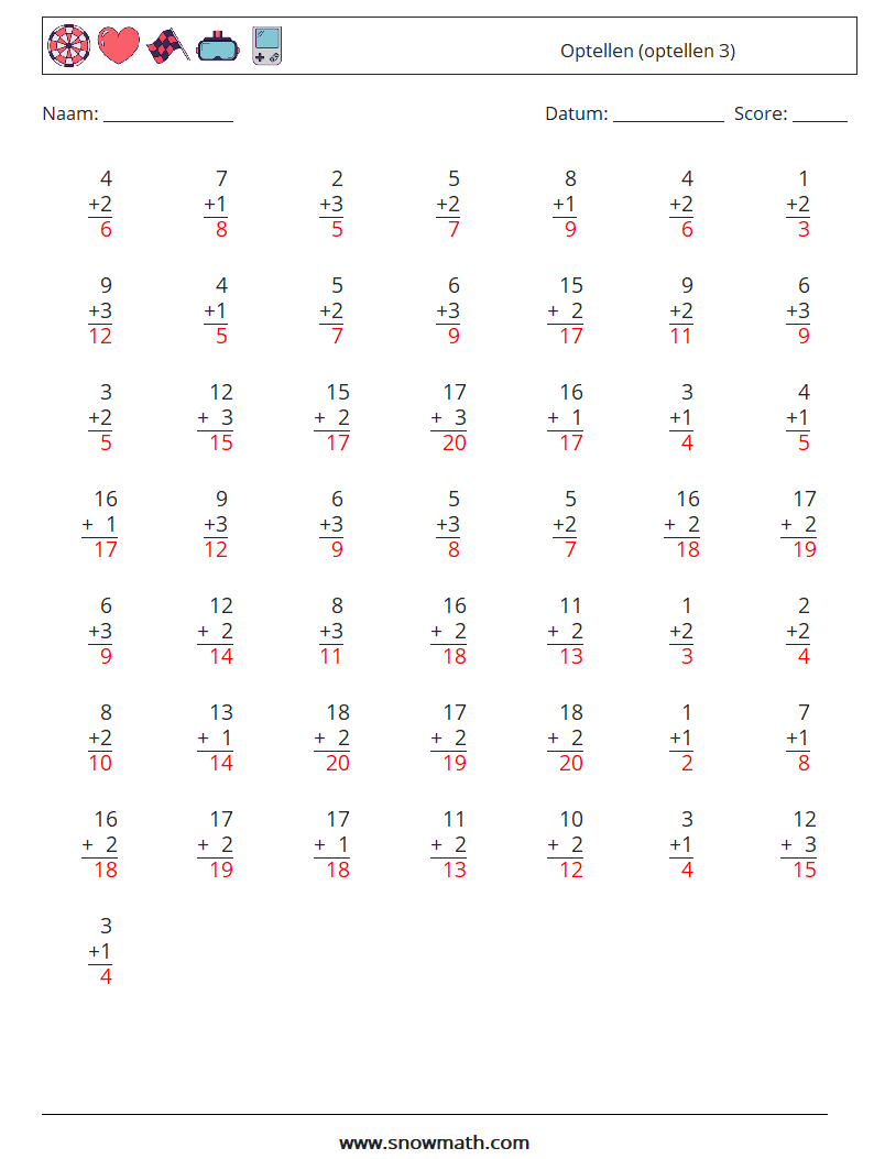 (50) Optellen (optellen 3) Wiskundige werkbladen 10 Vraag, Antwoord