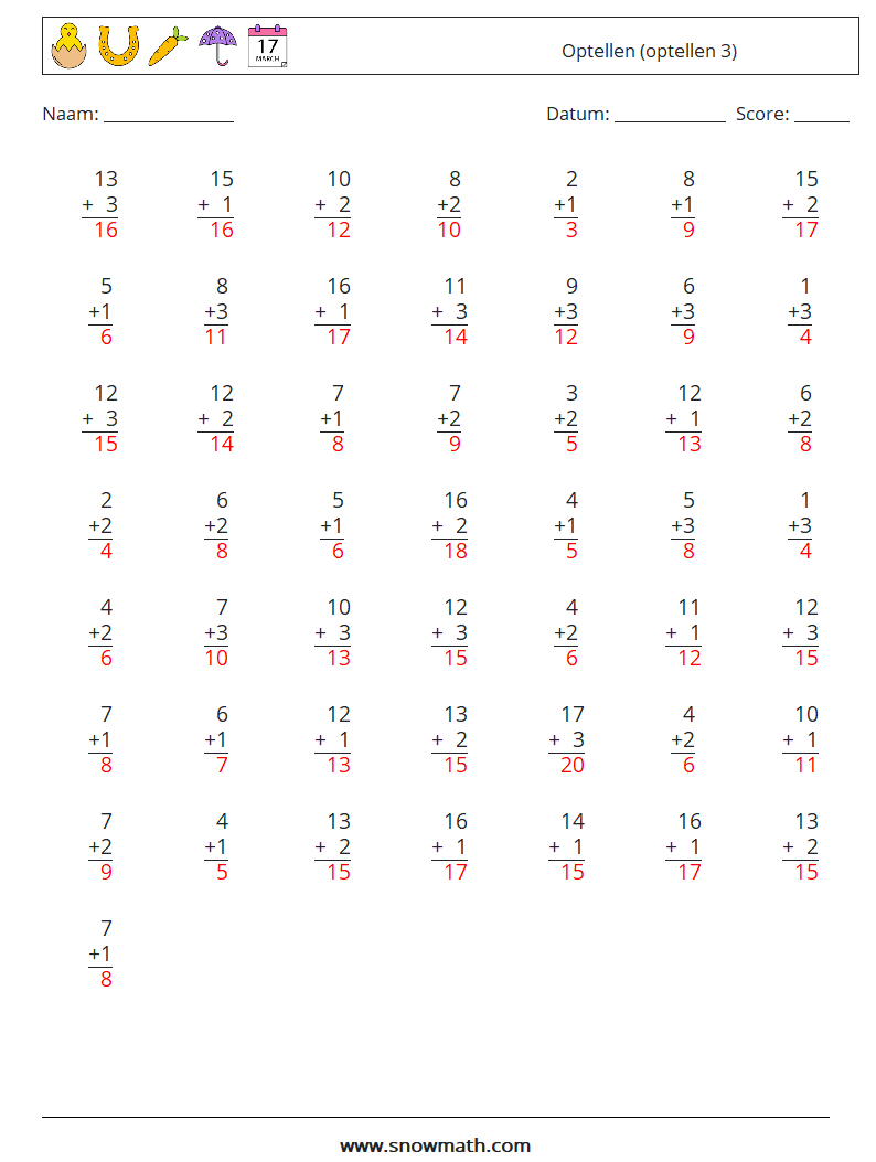 (50) Optellen (optellen 3) Wiskundige werkbladen 12 Vraag, Antwoord