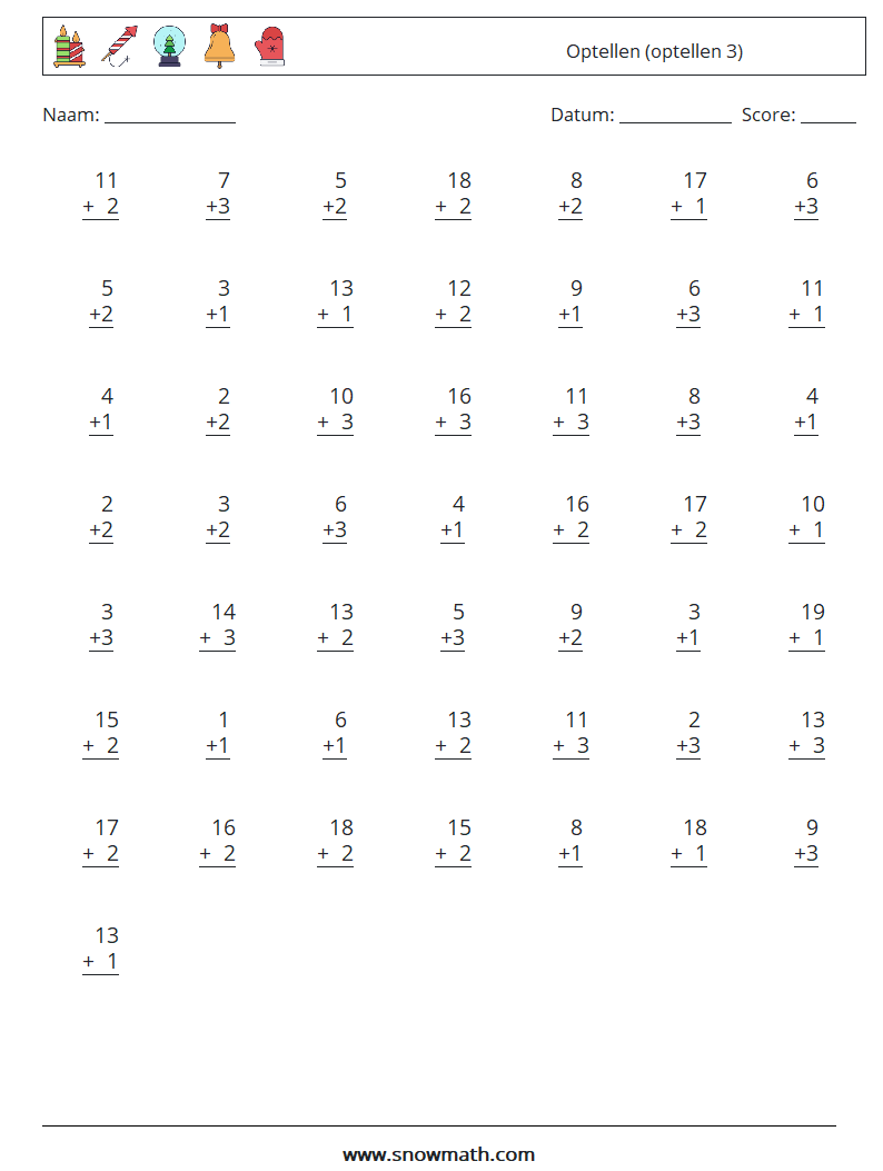 (50) Optellen (optellen 3) Wiskundige werkbladen 17