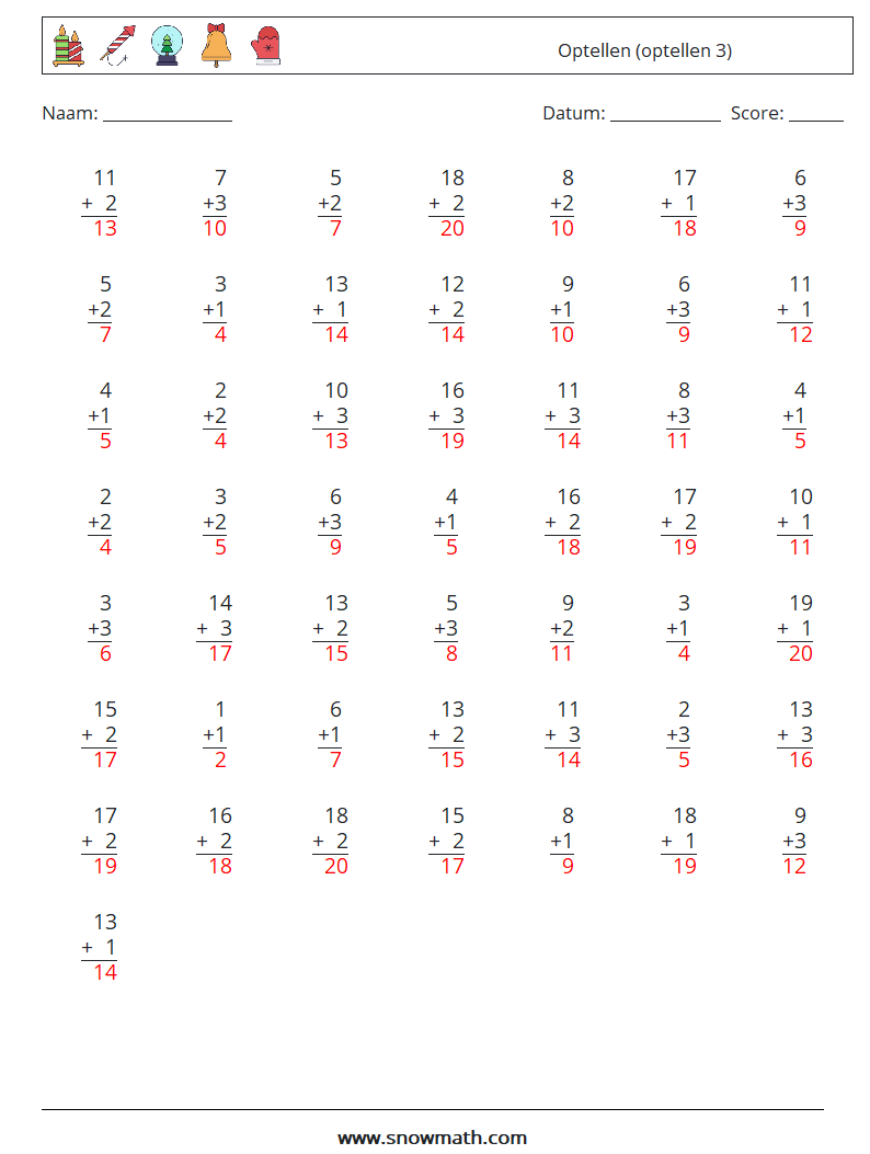 (50) Optellen (optellen 3) Wiskundige werkbladen 17 Vraag, Antwoord