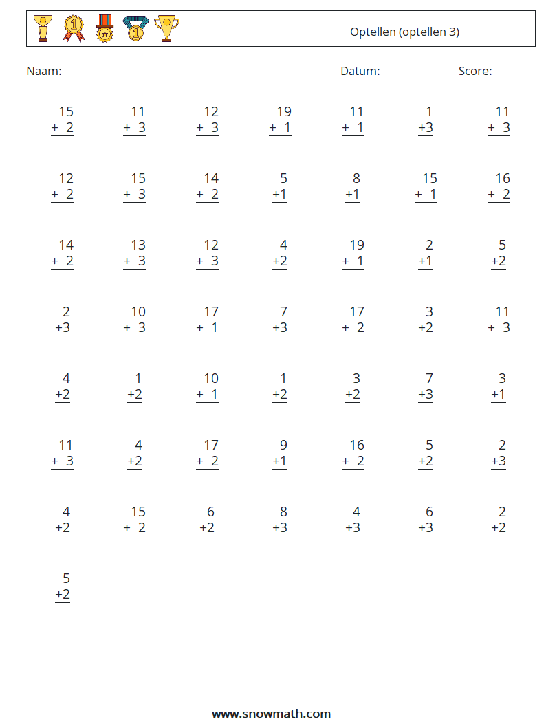 (50) Optellen (optellen 3) Wiskundige werkbladen 2
