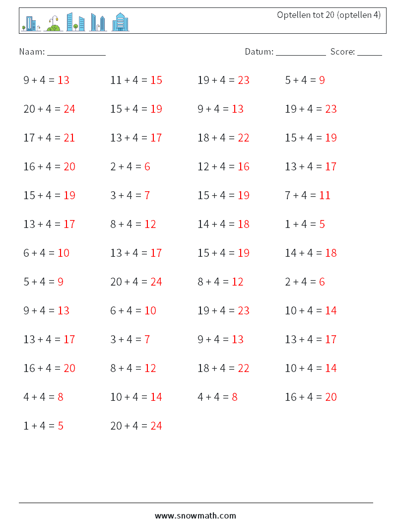 (50) Optellen tot 20 (optellen 4) Wiskundige werkbladen 1 Vraag, Antwoord