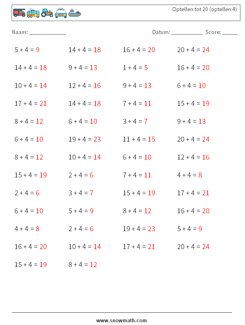 (50) Optellen tot 20 (optellen 4) Wiskundige werkbladen 3 Vraag, Antwoord