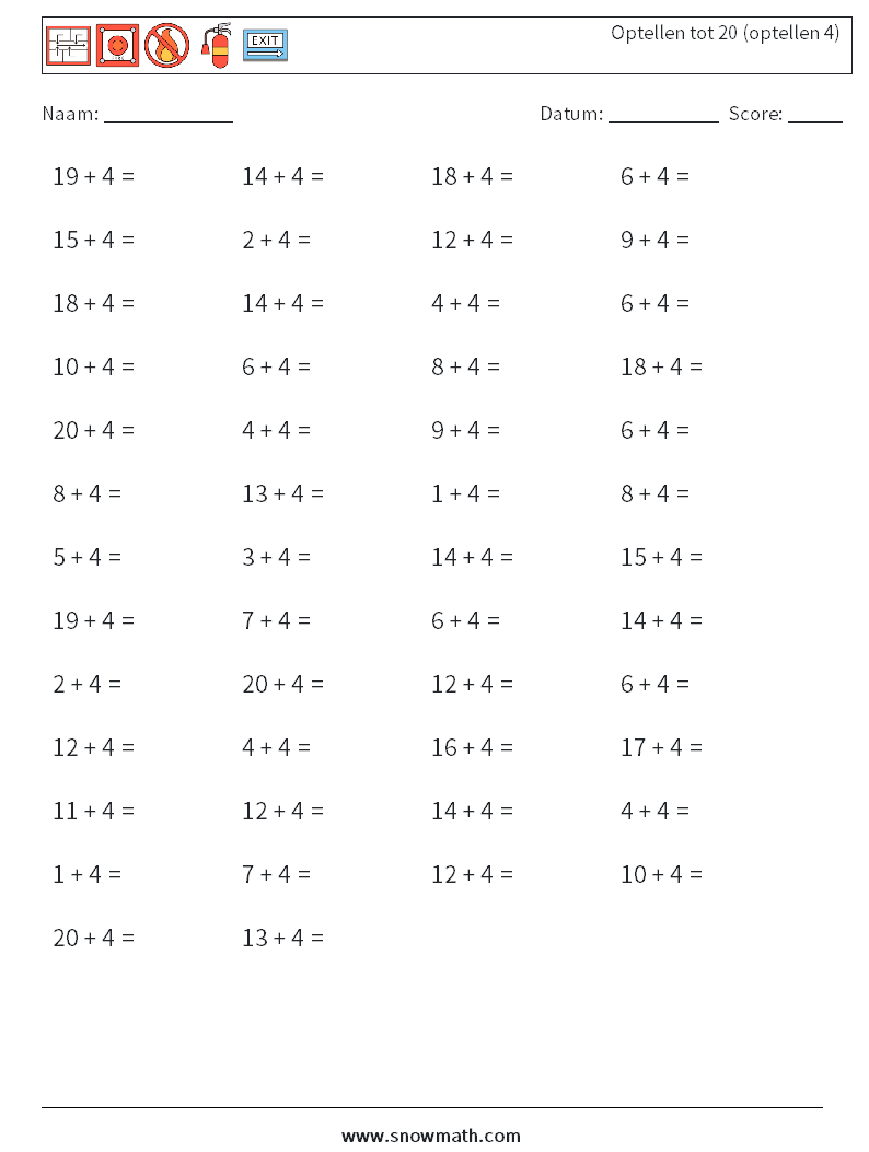 (50) Optellen tot 20 (optellen 4) Wiskundige werkbladen 4