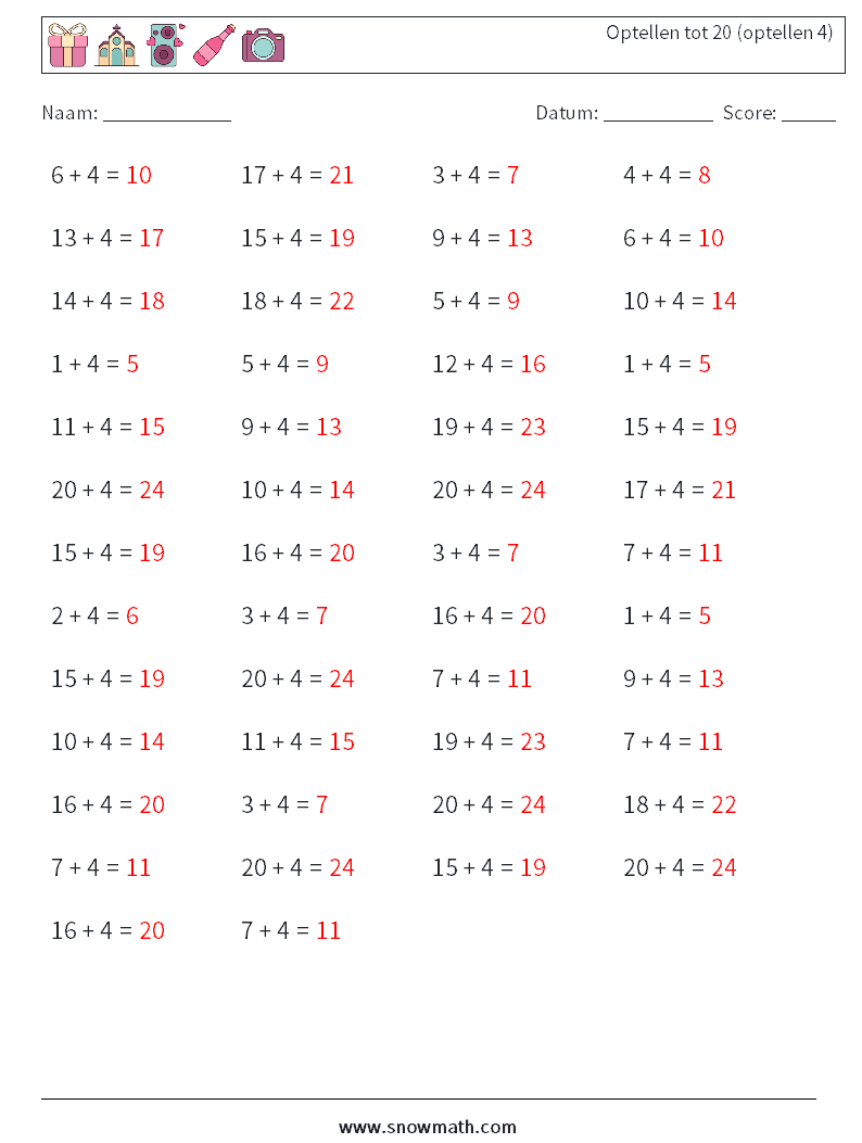 (50) Optellen tot 20 (optellen 4) Wiskundige werkbladen 5 Vraag, Antwoord