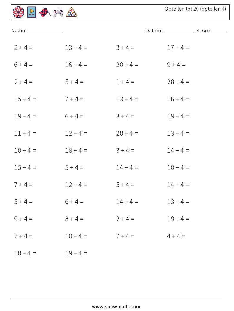 (50) Optellen tot 20 (optellen 4) Wiskundige werkbladen 6