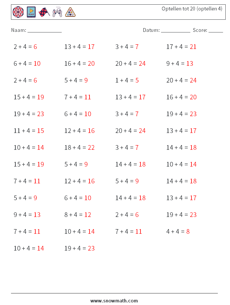 (50) Optellen tot 20 (optellen 4) Wiskundige werkbladen 6 Vraag, Antwoord