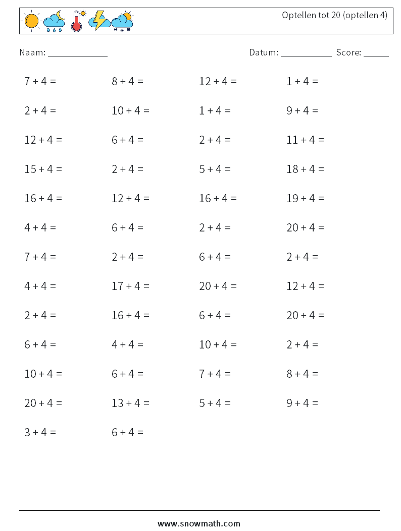 (50) Optellen tot 20 (optellen 4) Wiskundige werkbladen 7