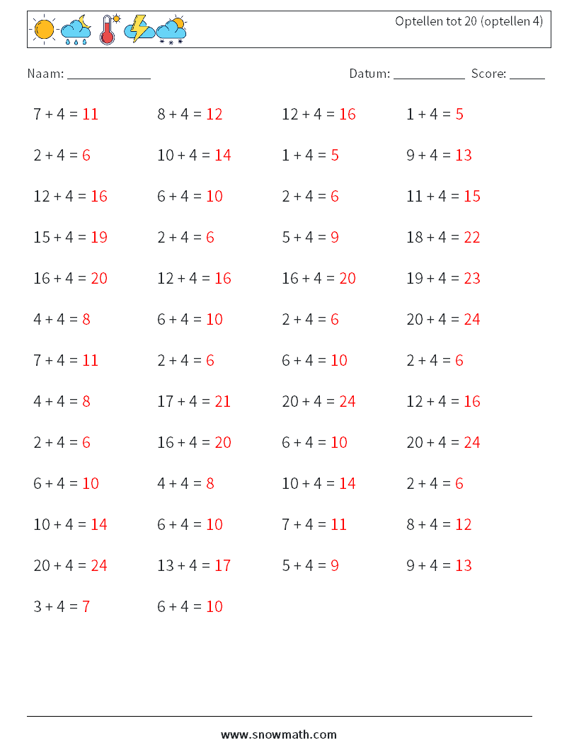 (50) Optellen tot 20 (optellen 4) Wiskundige werkbladen 7 Vraag, Antwoord