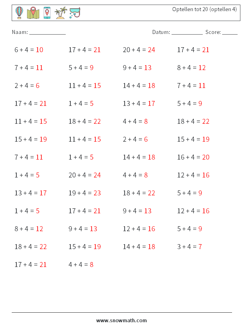 (50) Optellen tot 20 (optellen 4) Wiskundige werkbladen 9 Vraag, Antwoord
