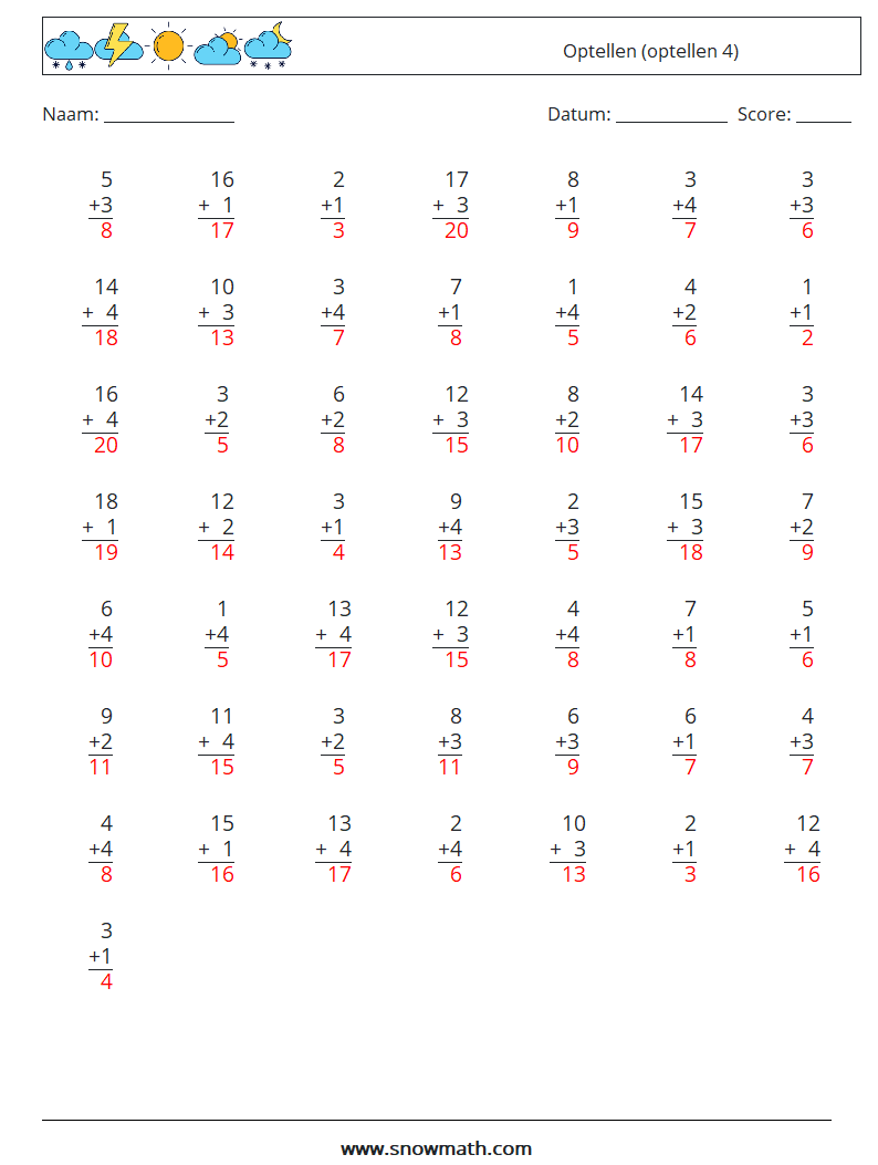 (50) Optellen (optellen 4) Wiskundige werkbladen 10 Vraag, Antwoord