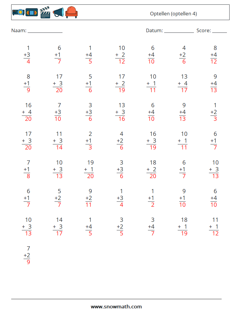 (50) Optellen (optellen 4) Wiskundige werkbladen 12 Vraag, Antwoord