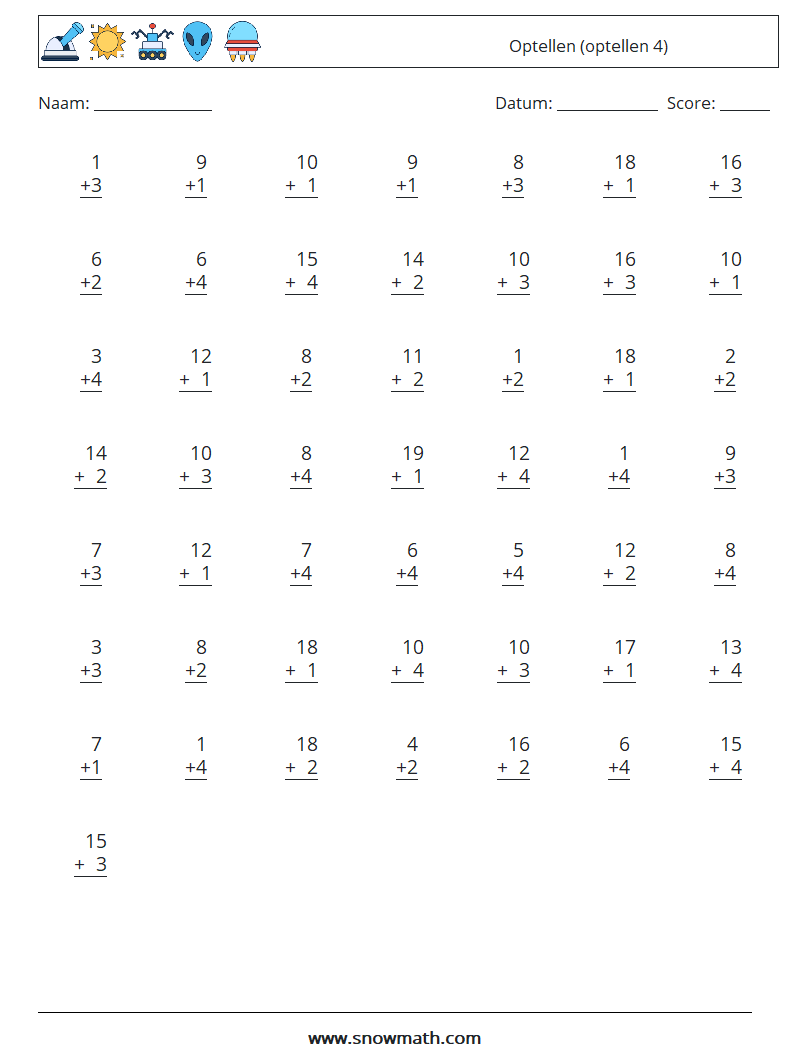 (50) Optellen (optellen 4) Wiskundige werkbladen 13