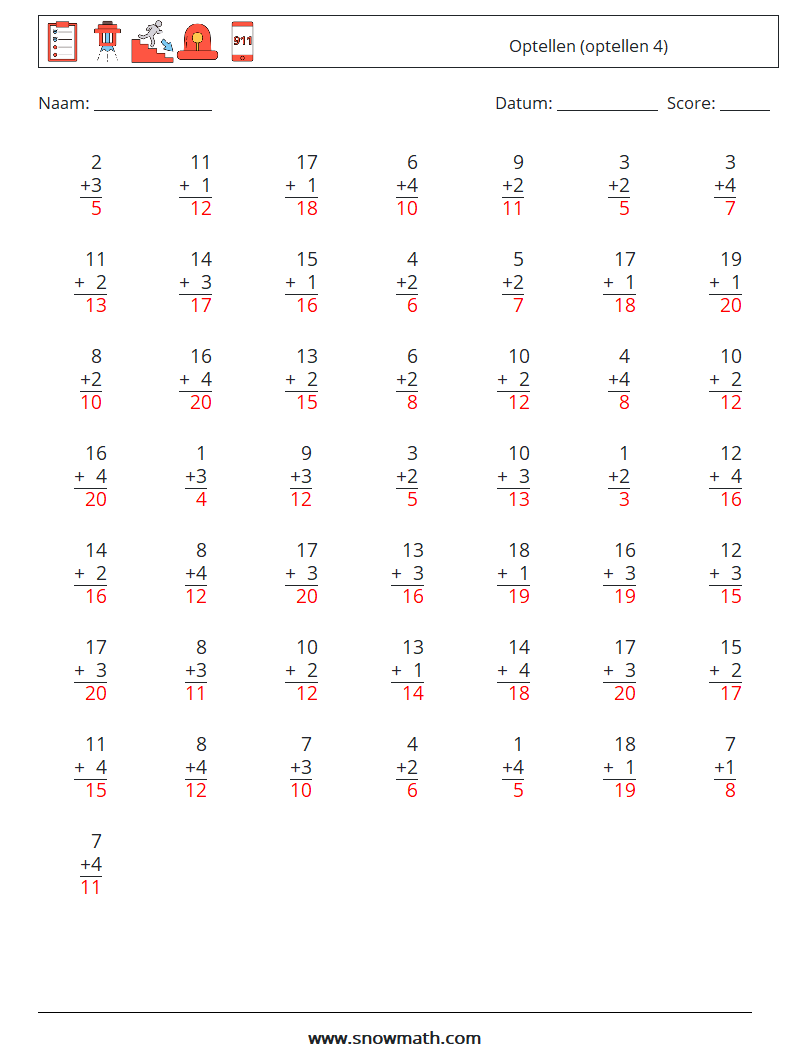 (50) Optellen (optellen 4) Wiskundige werkbladen 15 Vraag, Antwoord