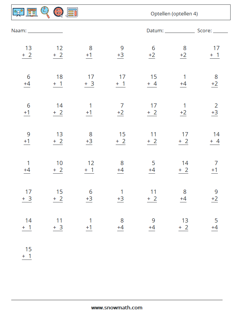 (50) Optellen (optellen 4) Wiskundige werkbladen 16