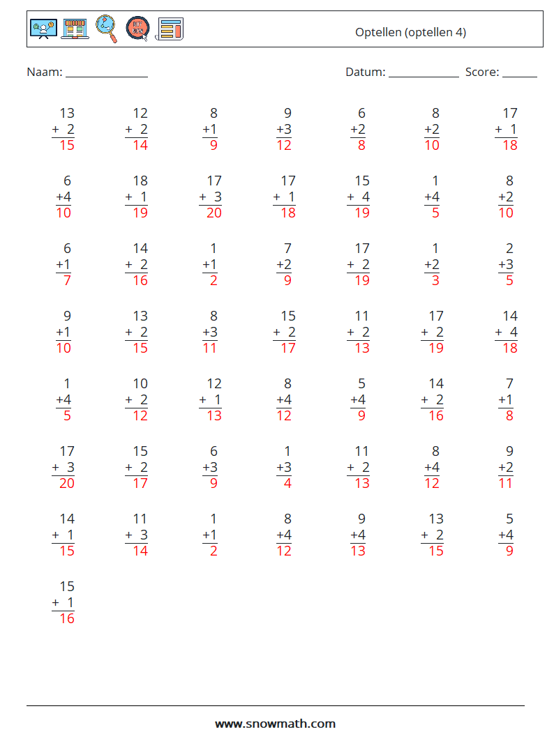 (50) Optellen (optellen 4) Wiskundige werkbladen 16 Vraag, Antwoord