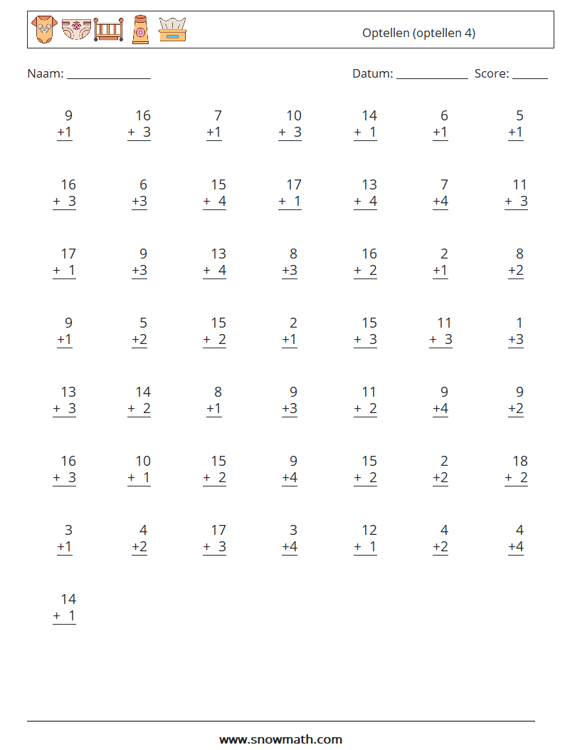 (50) Optellen (optellen 4) Wiskundige werkbladen 17