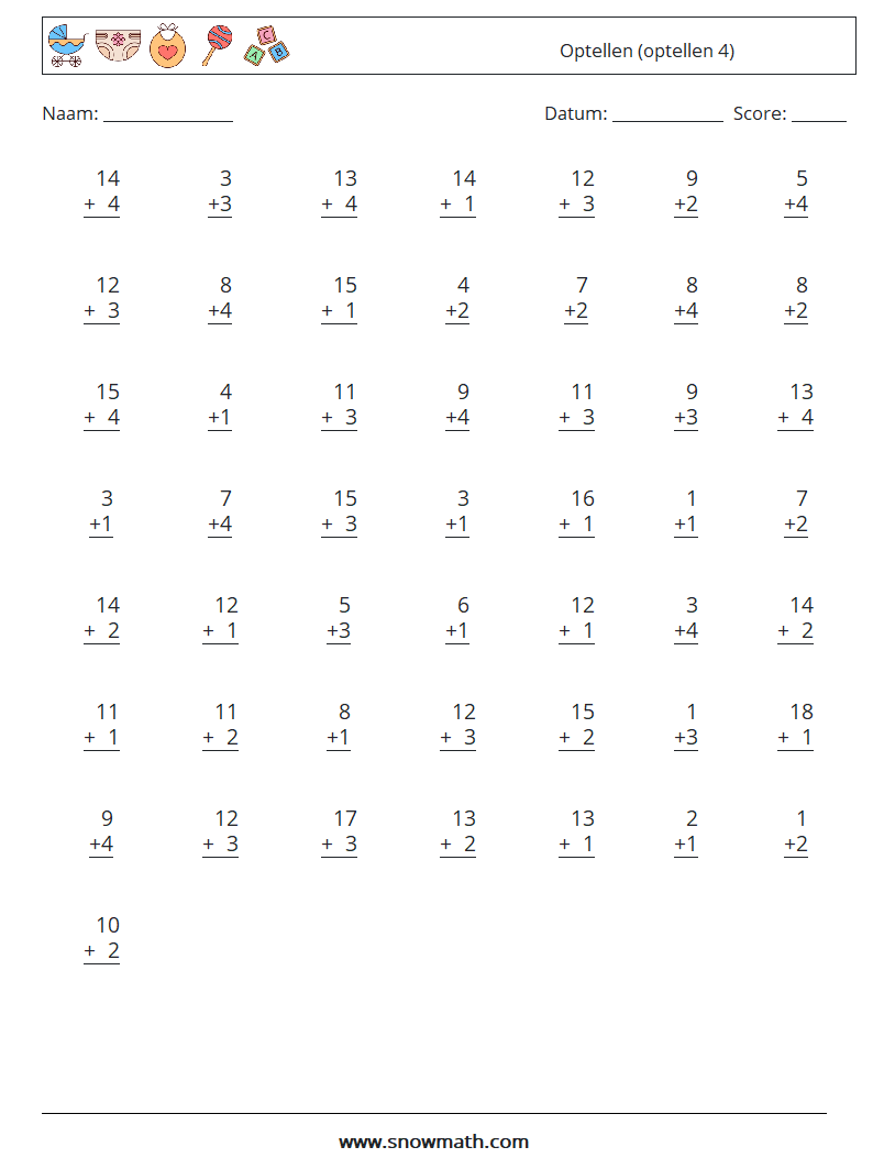 (50) Optellen (optellen 4) Wiskundige werkbladen 2