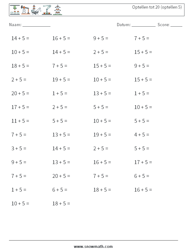 (50) Optellen tot 20 (optellen 5) Wiskundige werkbladen 9