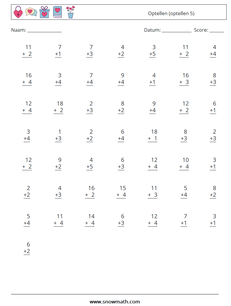 (50) Optellen (optellen 5) Wiskundige werkbladen 17